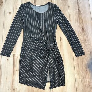 Spring Haze Los Angeles long-sleeve, pinstripe dress with a knot twist slit fron